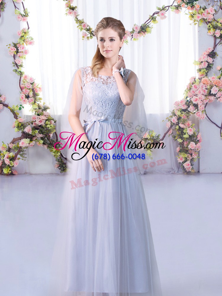 wholesale latest grey sleeveless tulle lace up bridesmaid gown for wedding party