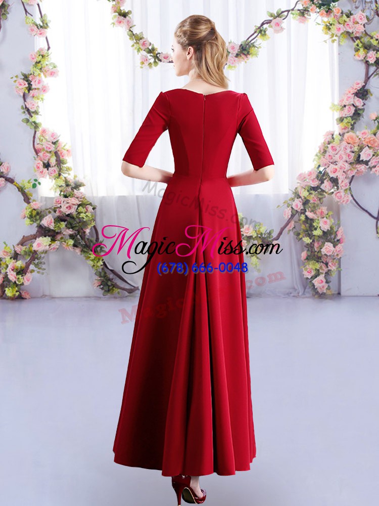 wholesale traditional rust red zipper v-neck ruching bridesmaid gown satin half sleeves