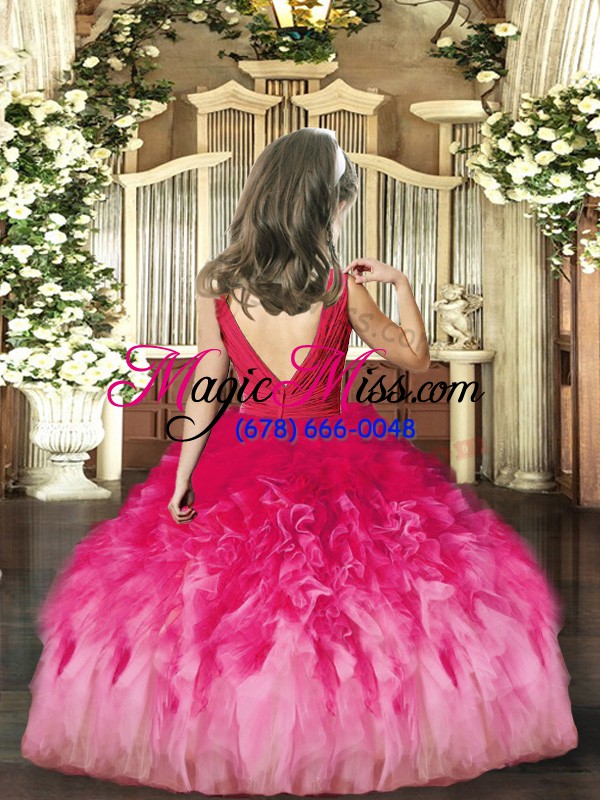 wholesale rust red tulle backless v-neck sleeveless floor length little girls pageant gowns beading and ruffles