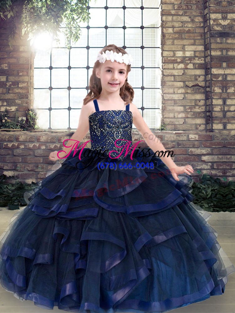 wholesale modern straps sleeveless child pageant dress floor length beading and ruffles navy blue tulle