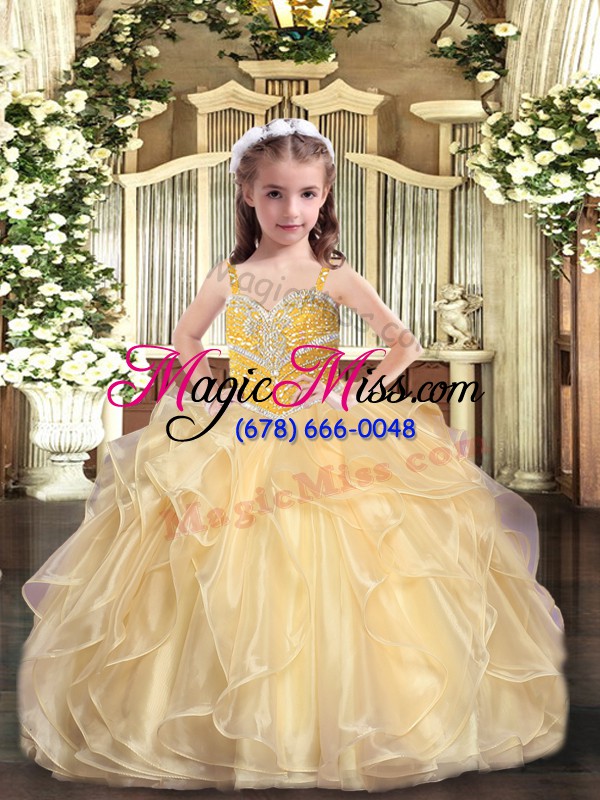 wholesale gold ball gowns straps sleeveless organza floor length lace up beading and ruffles kids formal wear