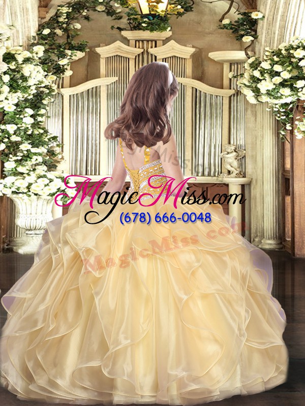 wholesale gold ball gowns straps sleeveless organza floor length lace up beading and ruffles kids formal wear