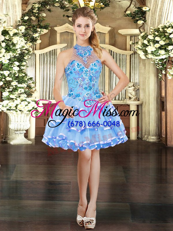 wholesale blue three pieces embroidery and ruffled layers sweet 16 dress lace up organza sleeveless floor length