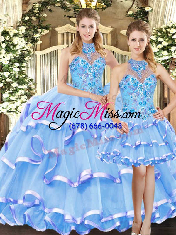 wholesale blue three pieces embroidery and ruffled layers sweet 16 dress lace up organza sleeveless floor length