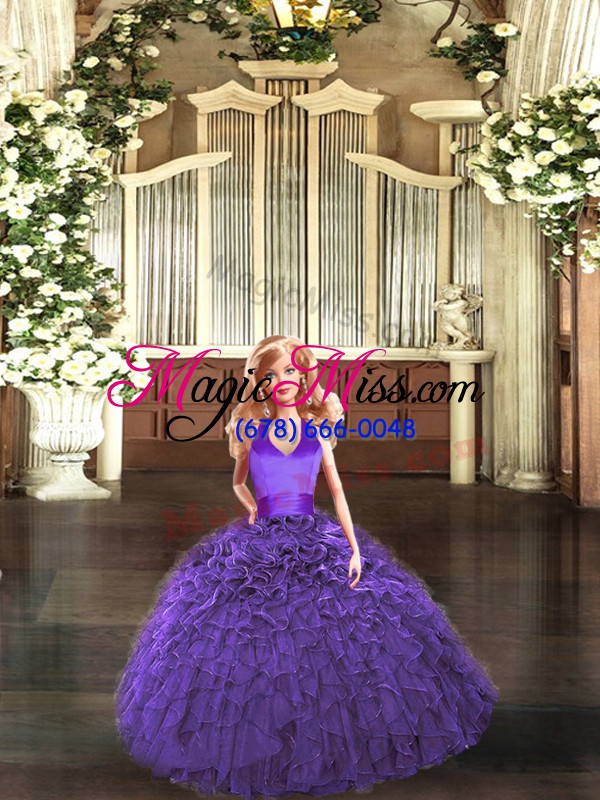 wholesale halter top sleeveless 15th birthday dress floor length ruffles purple tulle