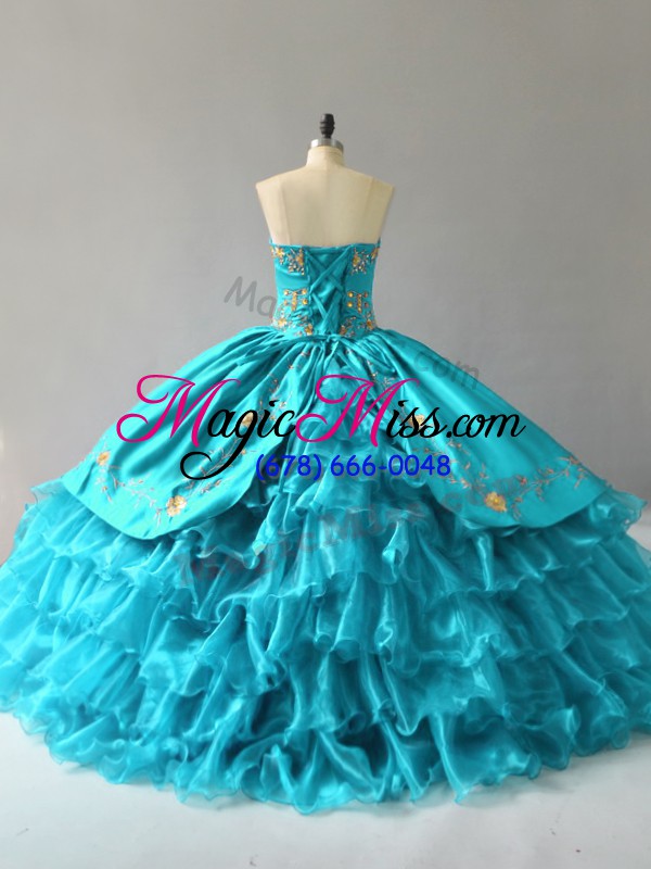 wholesale customized aqua blue ball gowns sweetheart sleeveless organza floor length lace up embroidery and ruffles quince ball gowns