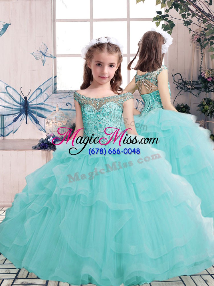 wholesale stylish aqua blue ball gowns off the shoulder sleeveless tulle floor length lace up beading and ruffles 15 quinceanera dress
