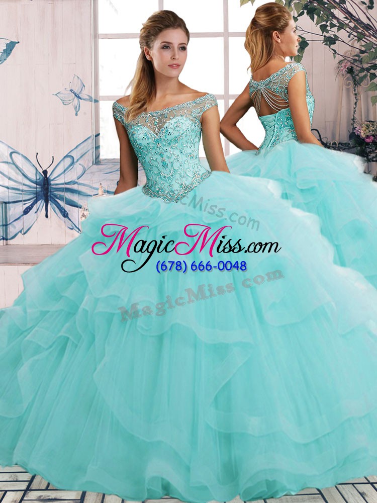 wholesale stylish aqua blue ball gowns off the shoulder sleeveless tulle floor length lace up beading and ruffles 15 quinceanera dress