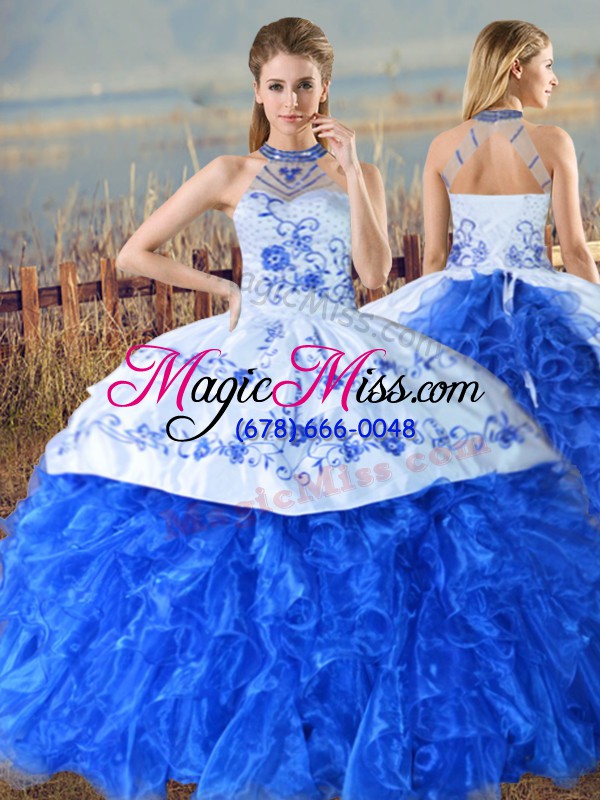wholesale lace up quinceanera gowns blue and white for sweet 16 and quinceanera with embroidery and ruffles court train