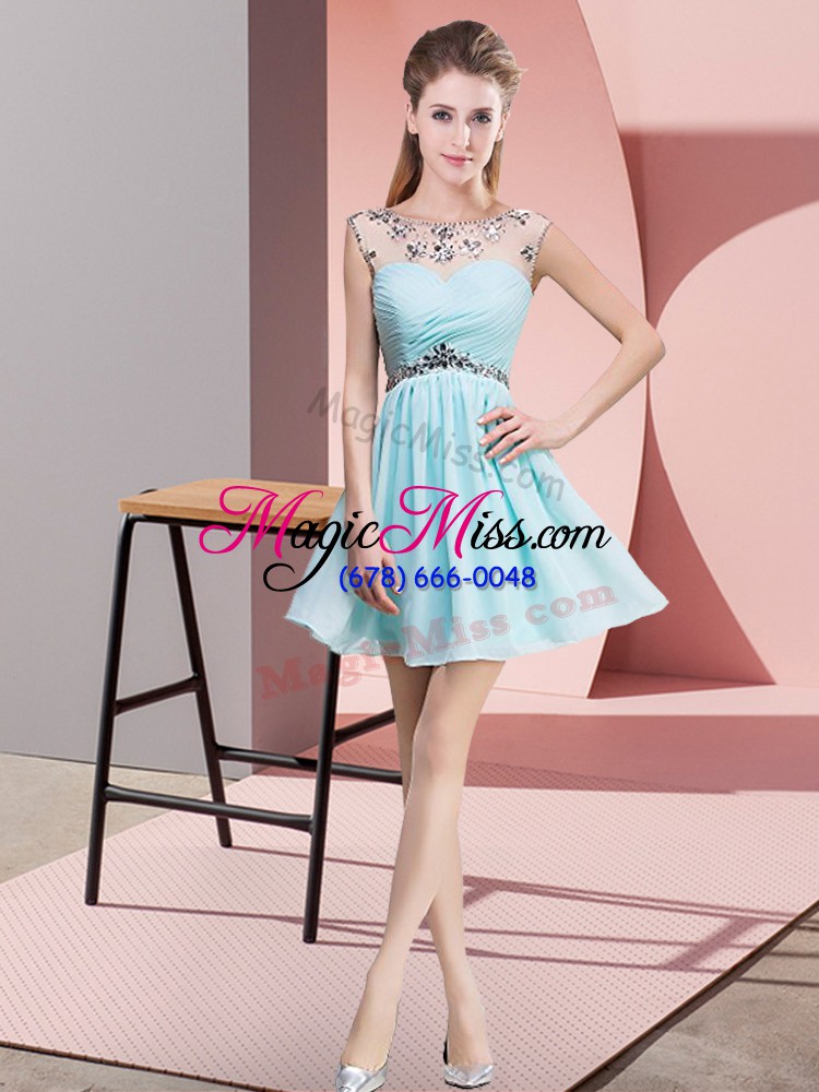 wholesale chiffon sleeveless mini length prom gown and beading and ruching