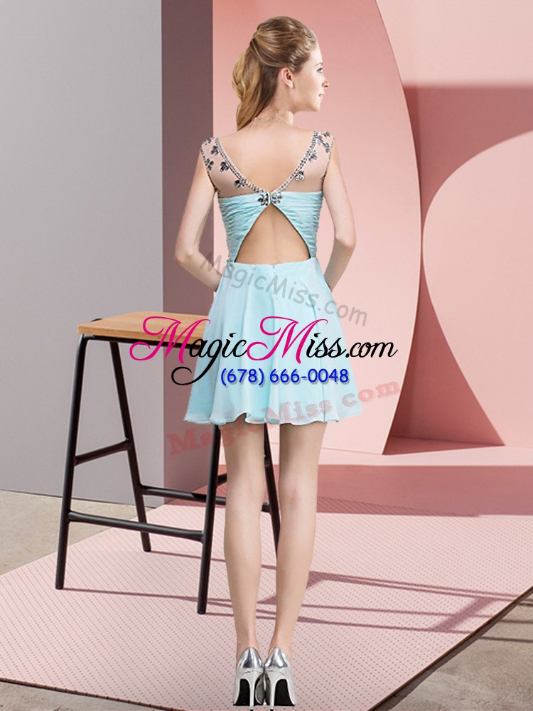wholesale chiffon sleeveless mini length prom gown and beading and ruching