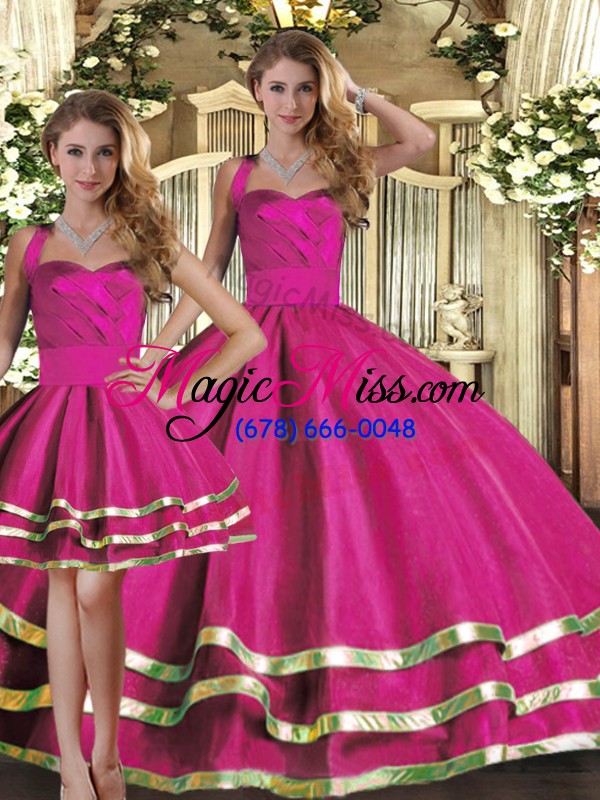 wholesale halter top sleeveless 15th birthday dress floor length ruffled layers fuchsia tulle