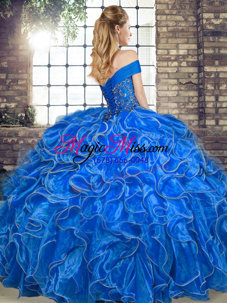 wholesale royal blue organza lace up sweet 16 dresses sleeveless floor length beading and ruffles