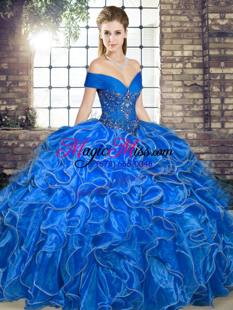 wholesale royal blue organza lace up sweet 16 dresses sleeveless floor length beading and ruffles