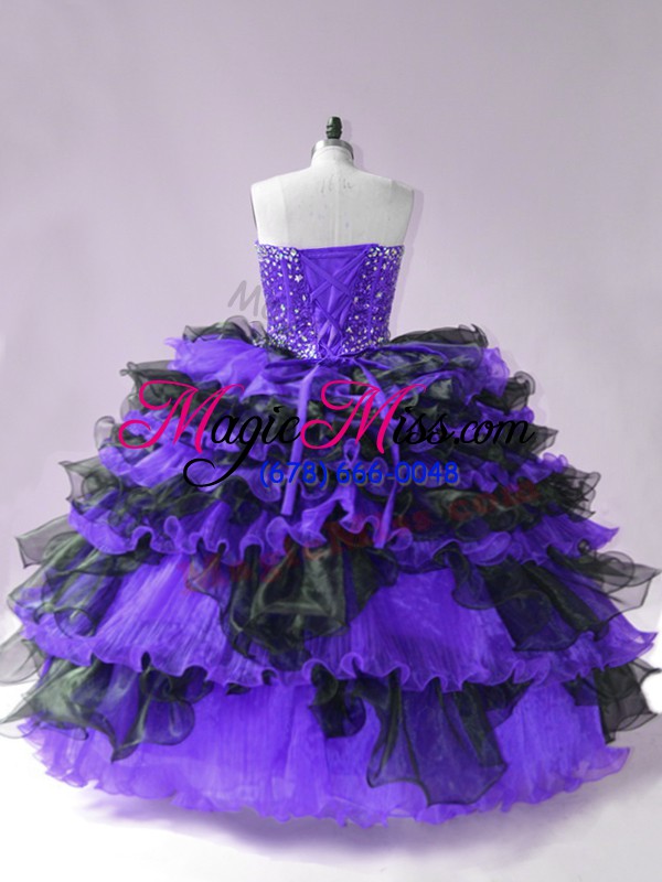 wholesale fine black and purple organza lace up sweetheart sleeveless floor length sweet 16 dresses beading and ruffled layers
