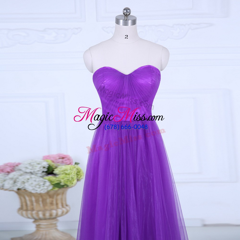 wholesale high quality eggplant purple empire sweetheart sleeveless tulle floor length zipper ruching wedding guest dresses