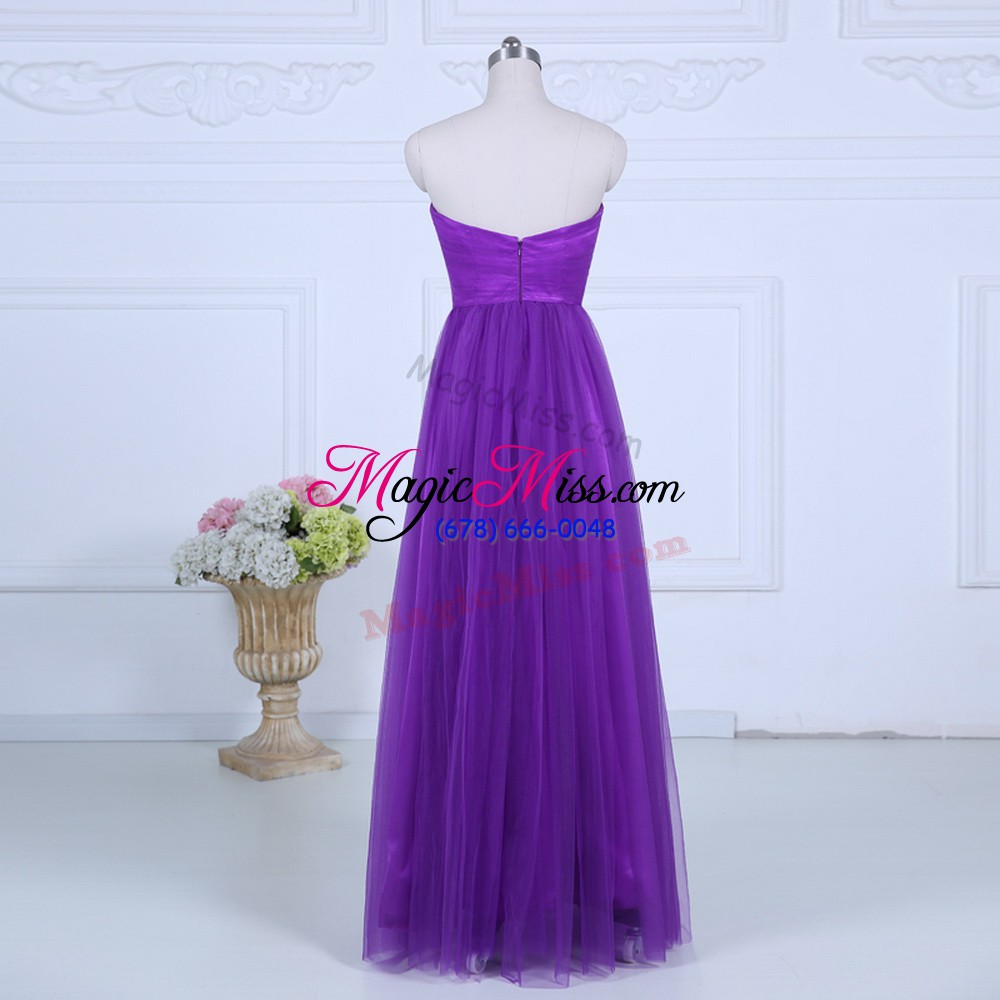 wholesale high quality eggplant purple empire sweetheart sleeveless tulle floor length zipper ruching wedding guest dresses