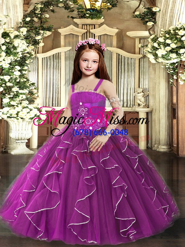 wholesale customized purple straps lace up ruffles girls pageant dresses sleeveless