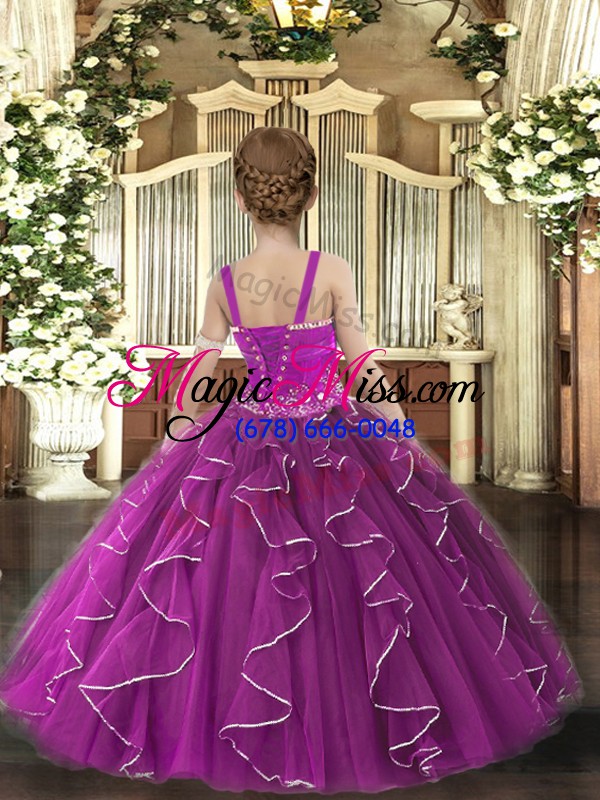 wholesale customized purple straps lace up ruffles girls pageant dresses sleeveless
