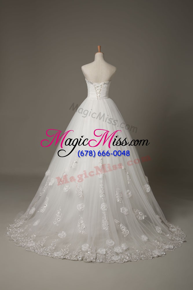 wholesale white sweetheart lace up beading and lace and hand made flower wedding dress court train sleeveless