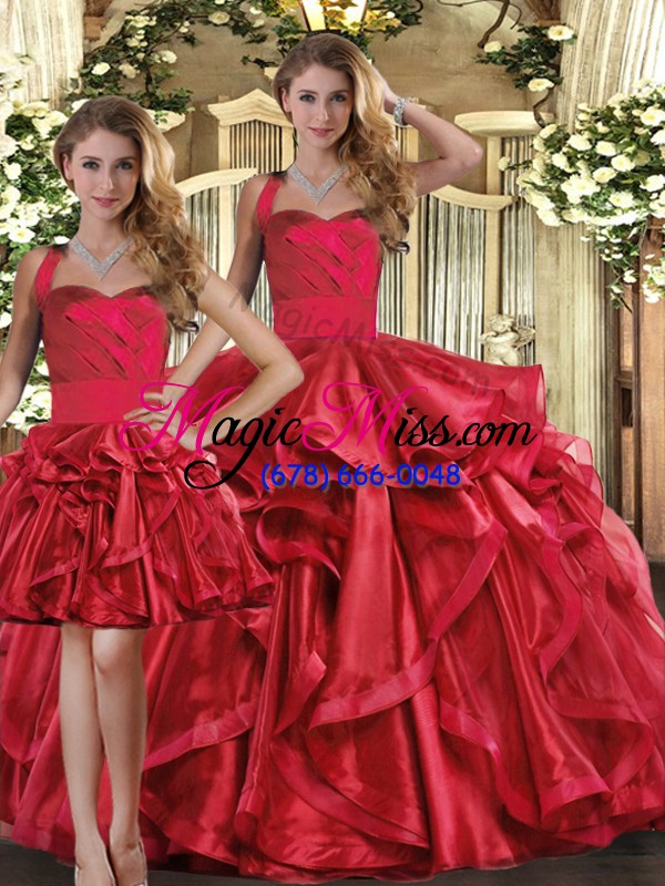 wholesale pretty red three pieces straps sleeveless organza floor length lace up ruffles quinceanera dresses