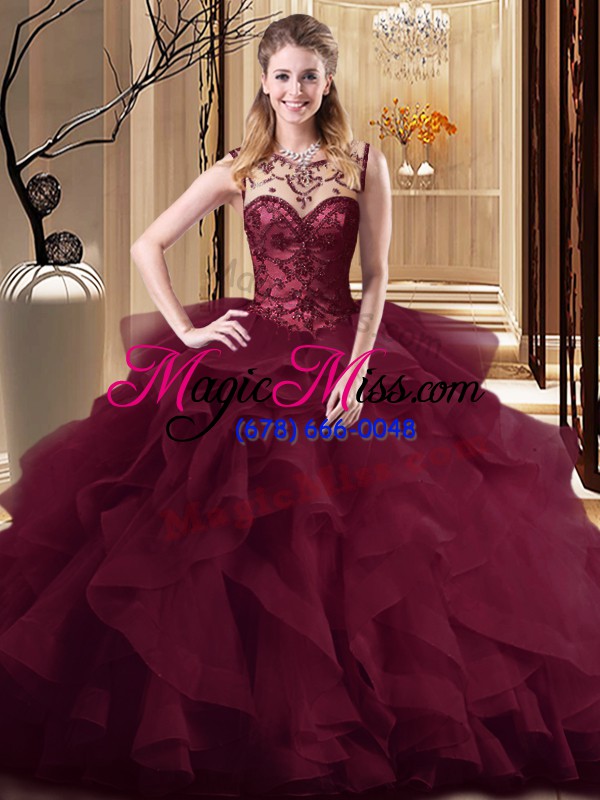 wholesale sleeveless beading and ruffles lace up 15 quinceanera dress with burgundy brush train