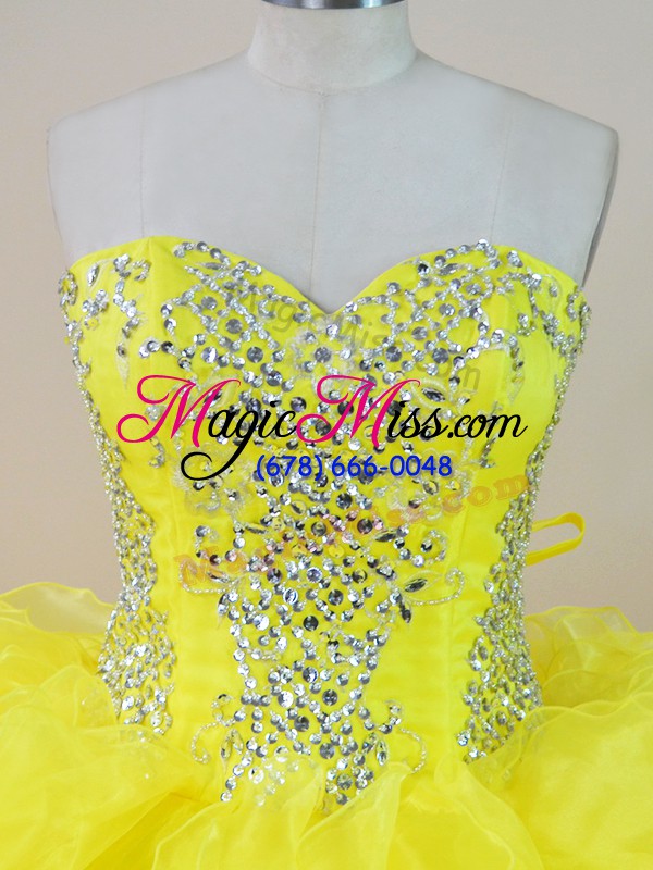 wholesale flare yellow ball gowns beading and ruffles quinceanera gown lace up organza sleeveless floor length