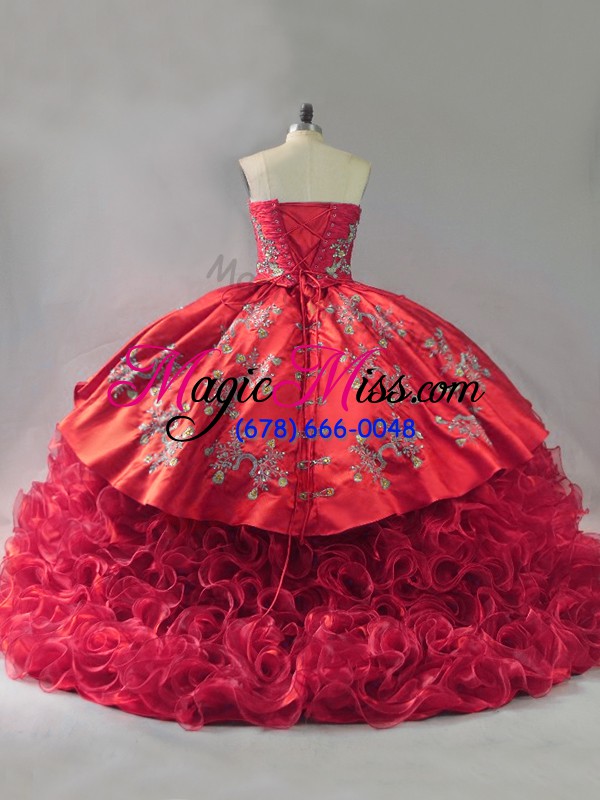 wholesale red quince ball gowns fabric with rolling flowers brush train sleeveless embroidery