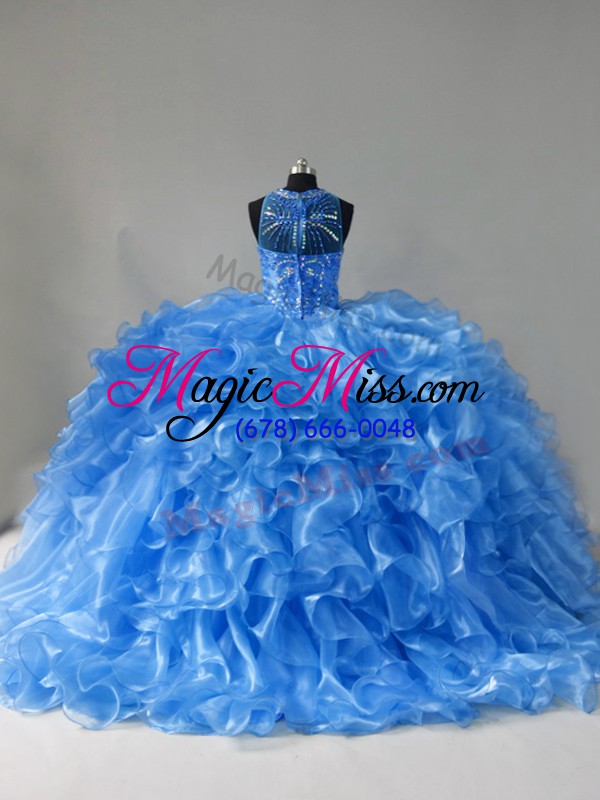 wholesale blue ball gowns organza scoop sleeveless beading and ruffles zipper quinceanera gown brush train