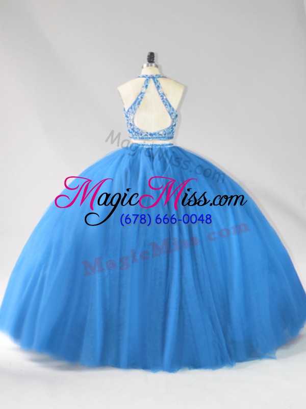 wholesale artistic sleeveless floor length beading backless quinceanera gown with blue