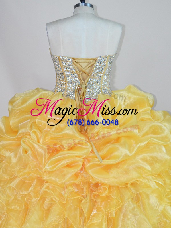 wholesale organza sweetheart sleeveless lace up beading and ruffles quinceanera dress in gold