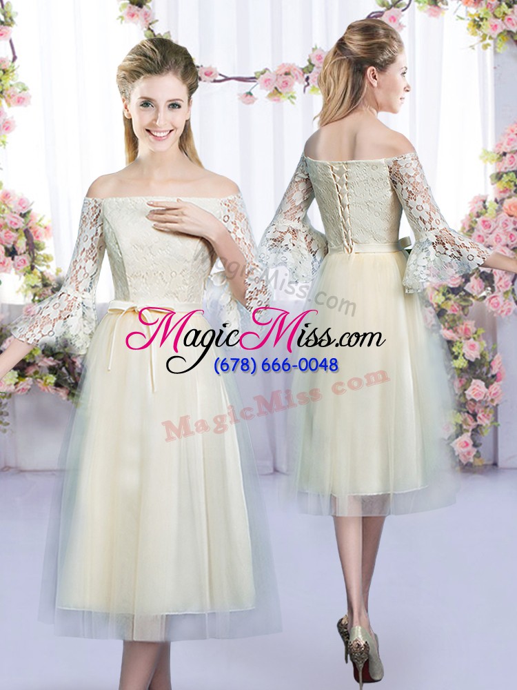 wholesale adorable champagne tulle lace up wedding party dress sleeveless tea length lace and belt