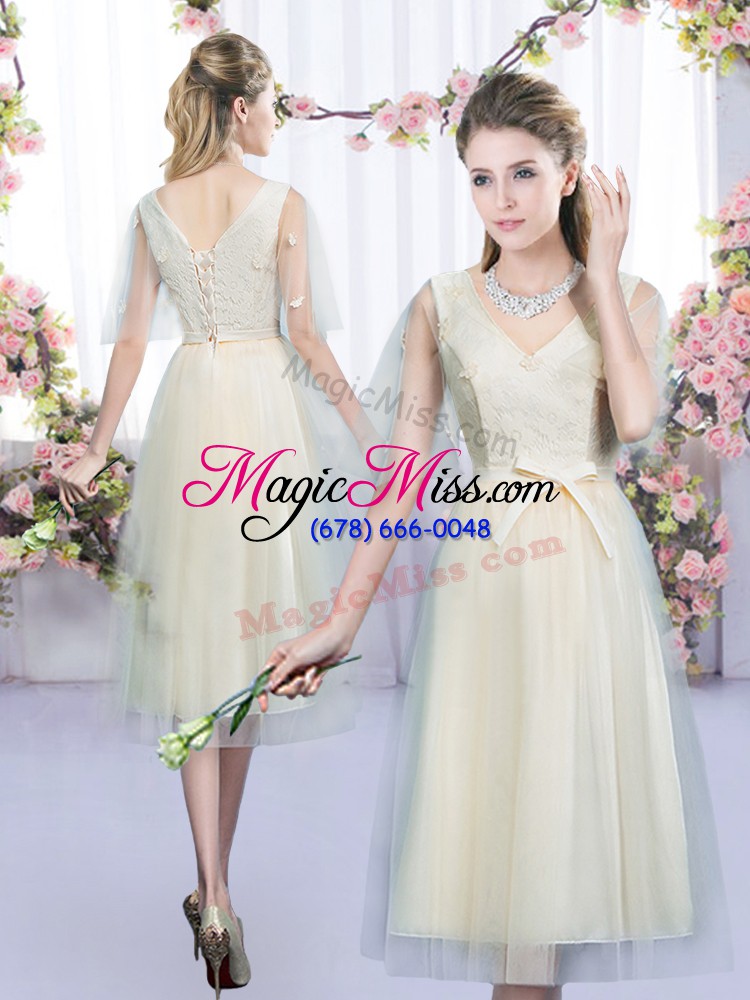 wholesale adorable champagne tulle lace up wedding party dress sleeveless tea length lace and belt