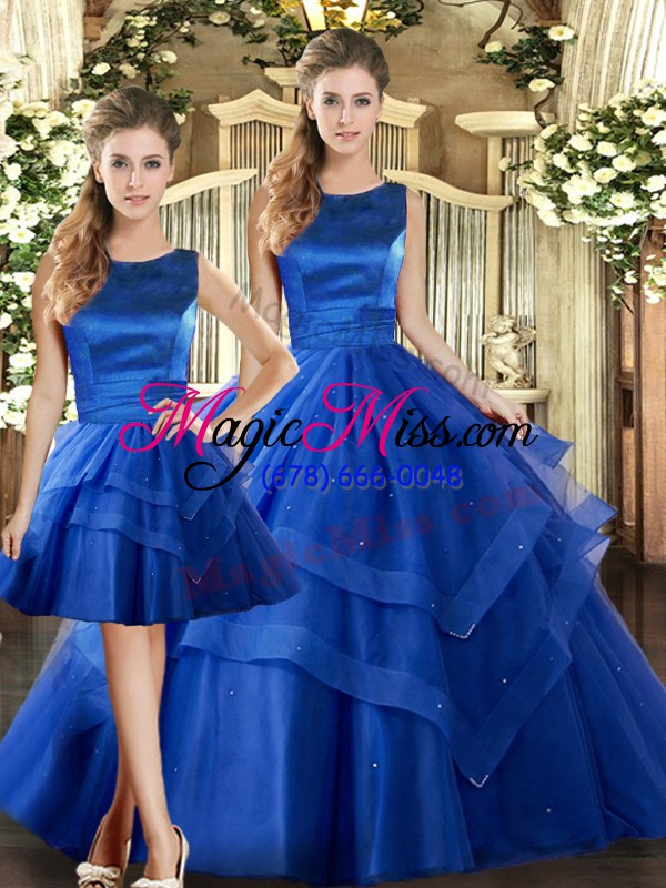 wholesale fancy floor length three pieces sleeveless royal blue 15 quinceanera dress lace up