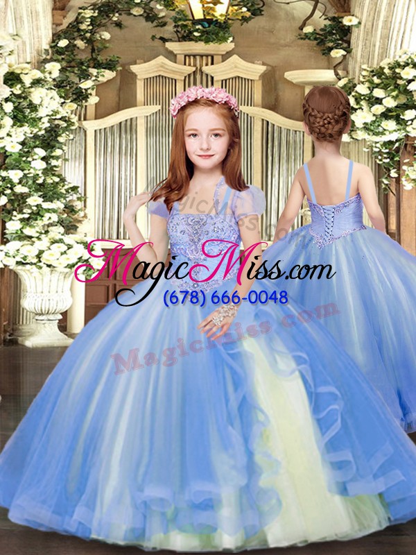 wholesale fancy blue ball gowns strapless sleeveless tulle floor length lace up beading and ruffles sweet 16 dresses