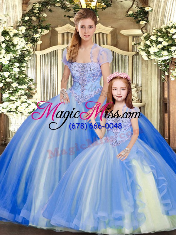 wholesale fancy blue ball gowns strapless sleeveless tulle floor length lace up beading and ruffles sweet 16 dresses