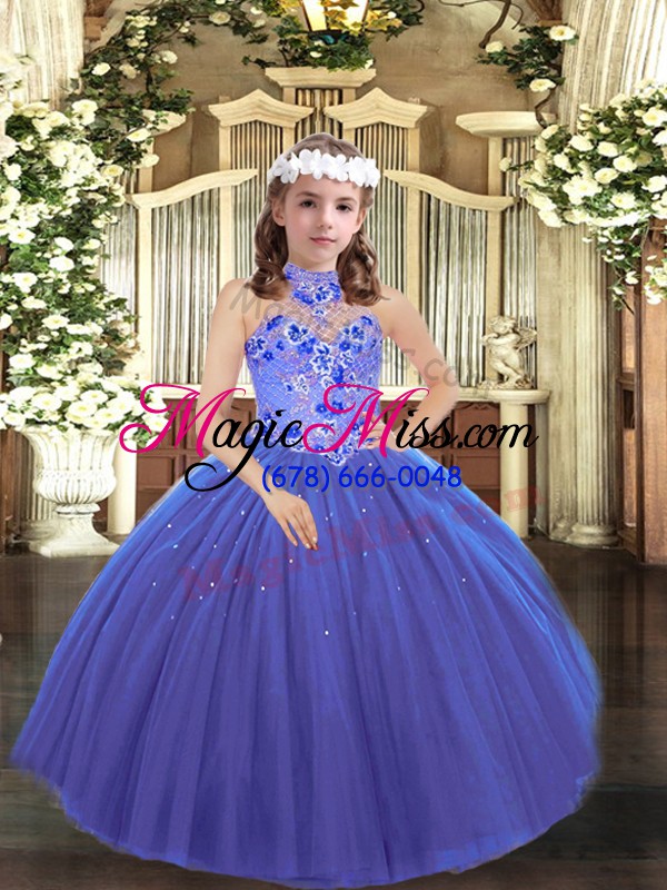 wholesale charming blue ball gowns halter top sleeveless tulle floor length lace up appliques little girls pageant gowns