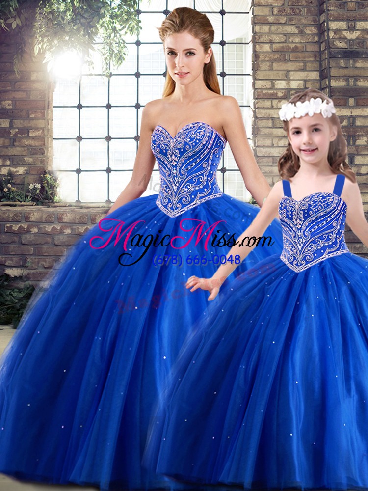 wholesale perfect blue ball gowns tulle sweetheart sleeveless beading lace up quinceanera dress brush train
