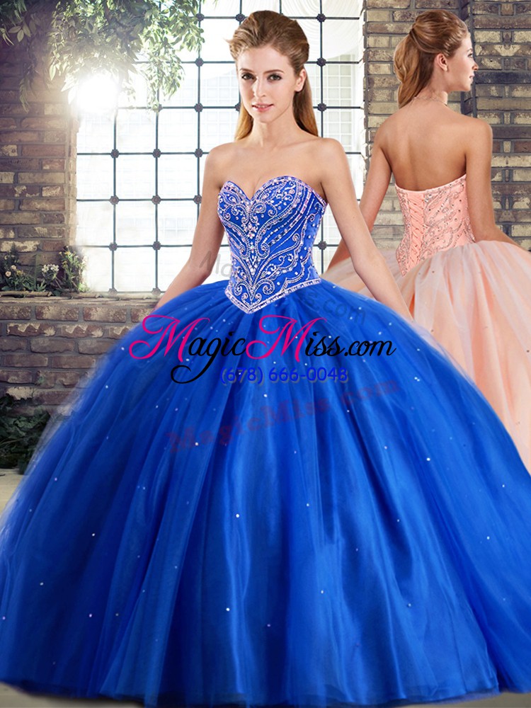 wholesale perfect blue ball gowns tulle sweetheart sleeveless beading lace up quinceanera dress brush train