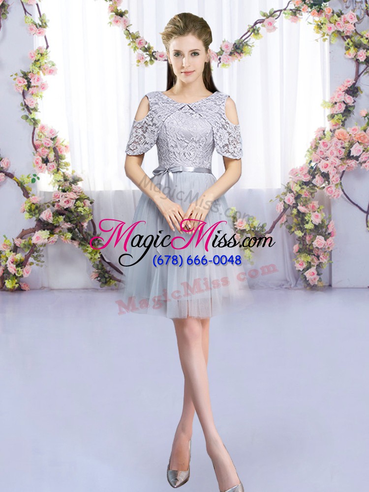 wholesale glorious grey empire tulle scoop sleeveless lace and belt mini length zipper wedding guest dresses