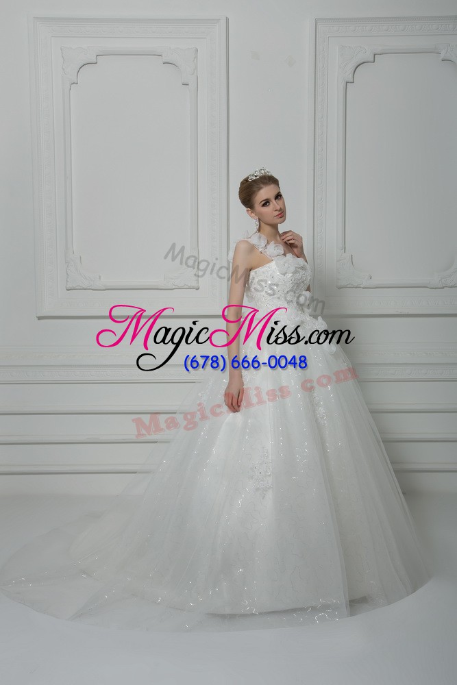 wholesale popular sleeveless tulle brush train lace up wedding gowns in white with beading and lace and hand made flower