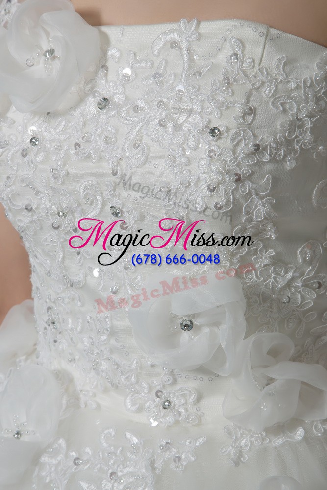 wholesale popular sleeveless tulle brush train lace up wedding gowns in white with beading and lace and hand made flower