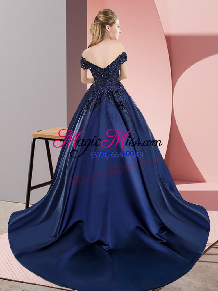 wholesale high end blue a-line satin off the shoulder sleeveless lace zipper quince ball gowns court train