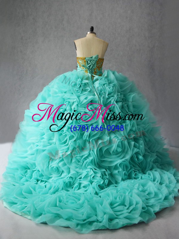 wholesale romantic fabric with rolling flowers sweetheart sleeveless court train lace up beading and ruffles quinceanera gown in aqua blue