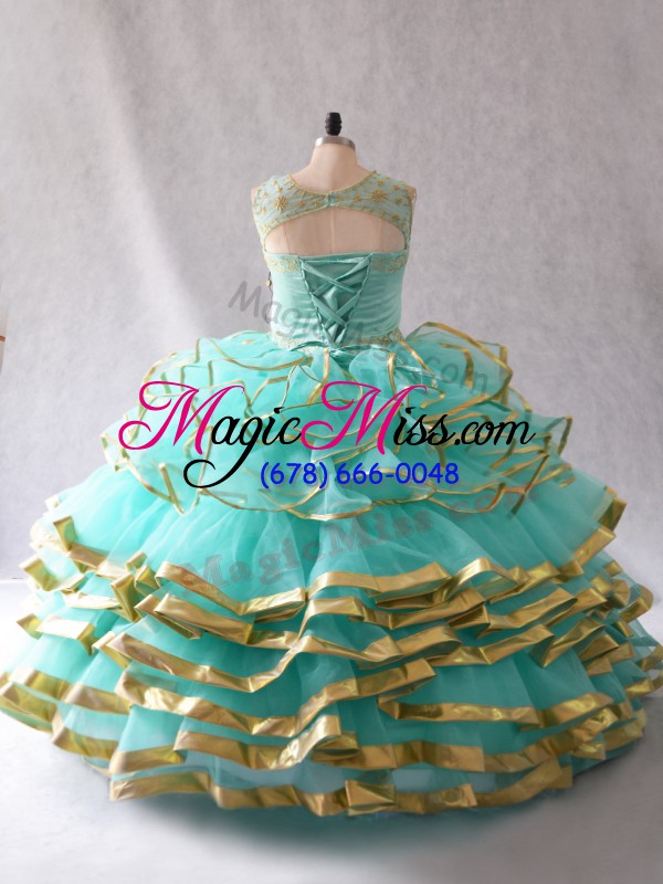 wholesale custom designed aqua blue organza lace up sweet 16 dresses sleeveless floor length beading and embroidery and ruffles and ruffled layers