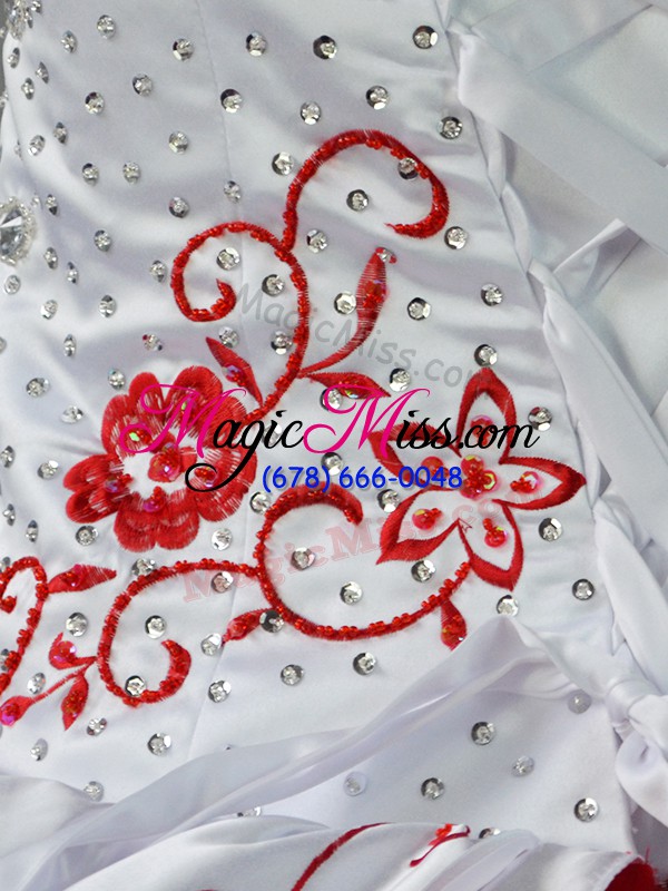 wholesale white and red sleeveless satin and organza court train lace up quince ball gowns for sweet 16 and quinceanera