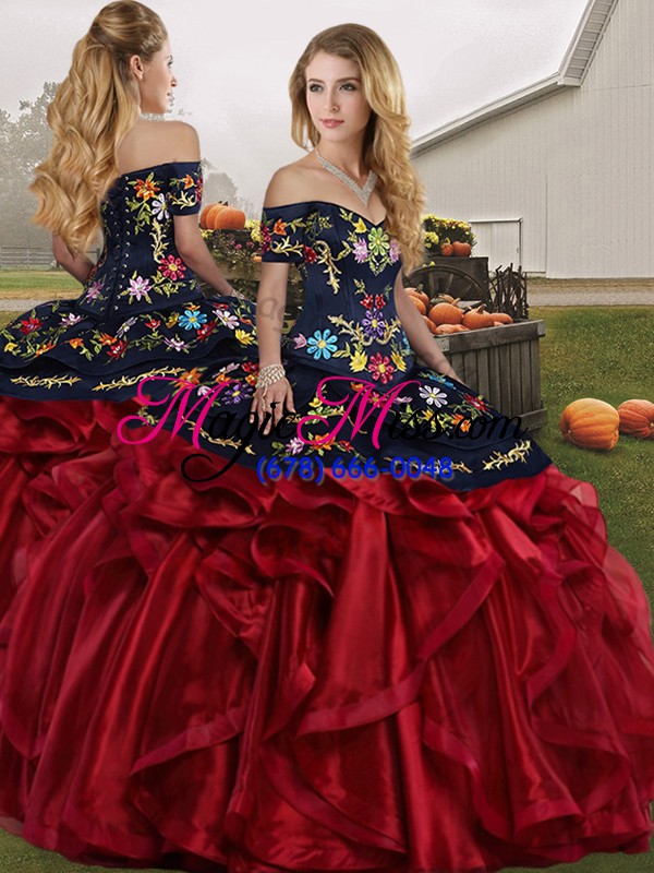 wholesale red and black ball gowns organza off the shoulder sleeveless embroidery and ruffles floor length lace up quinceanera gown