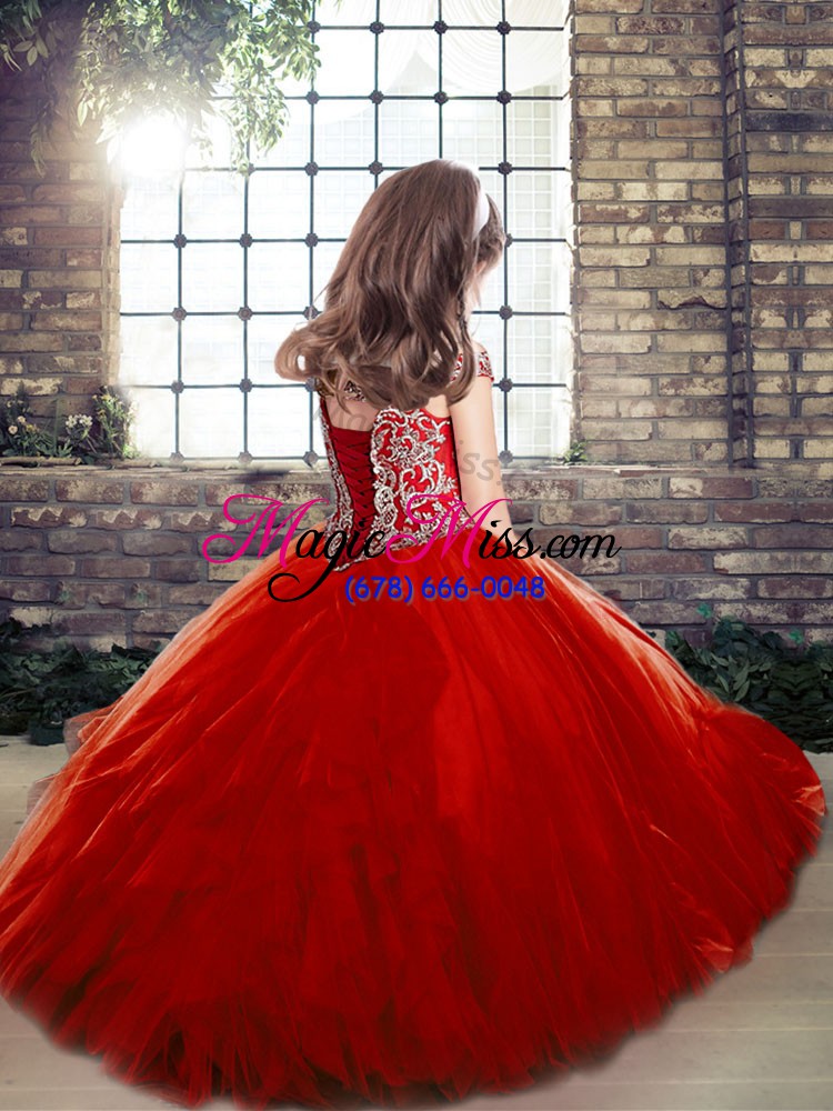wholesale charming ball gowns off the shoulder sleeveless tulle floor length lace up beading little girl pageant dress