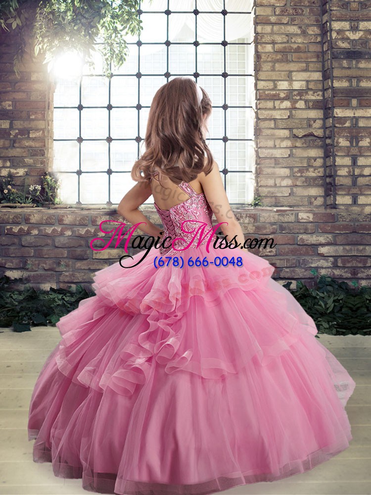 wholesale scoop sleeveless child pageant dress floor length beading and appliques lilac tulle