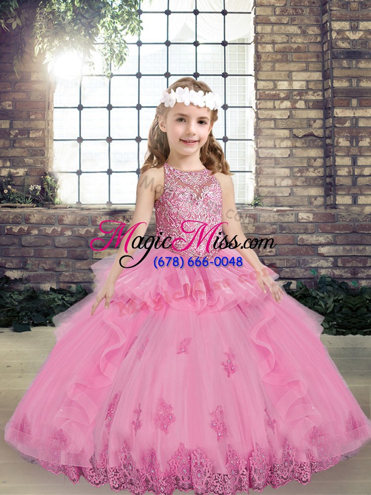 wholesale scoop sleeveless child pageant dress floor length beading and appliques lilac tulle
